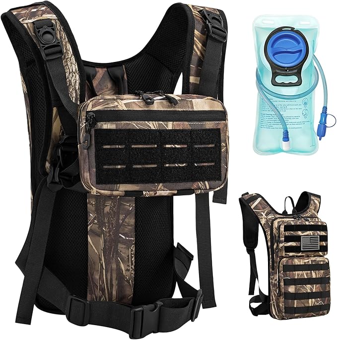Koculemi Tactical Hydration Backpack with 2L Water Bladder and Front Small Tactical Pouch, Outdoor Water Backpack for Men Women, Sports Hydration Pack for Hiking, Cycling, Climbing