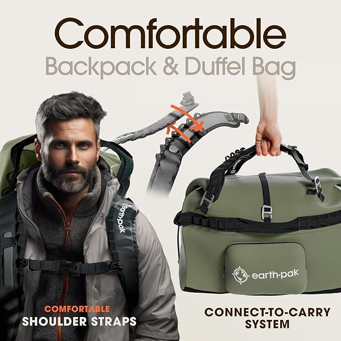 Earth Pak Waterproof Duffel Bag - Large Dry Bag, 1680D TPU, Heavy Duty, Camping & Marine Dry Bag, 8x8 Popout Pocket