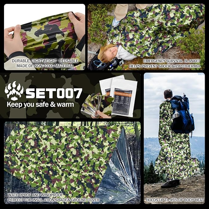 5-Pack Mylar Survival Blanket - 90% Heat Retention, Waterproof, Emergency Blankets for Cold Weather Protection, Durable Space Blankets for Survival Kits, Hiking, Camping, Fishing, Camouflage