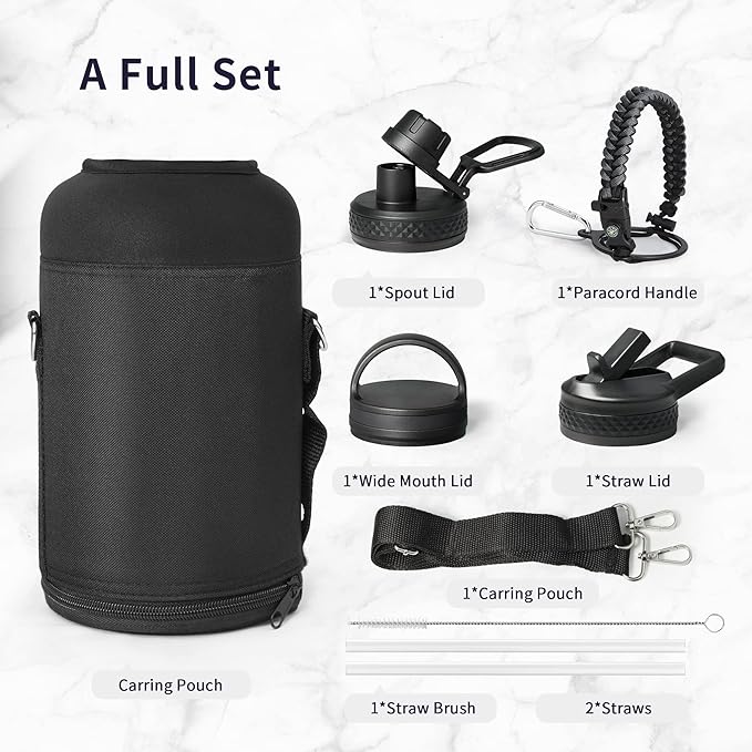 Trebo One Gallon Water Bottle Insulated with Paracord Handle,128oz Stainless Steel Sports Large Jug Food-grade Triple Wall Vacuum with Straw Spout Handle Lids, Leakproof Keep Cold & Hot, Dark Gray