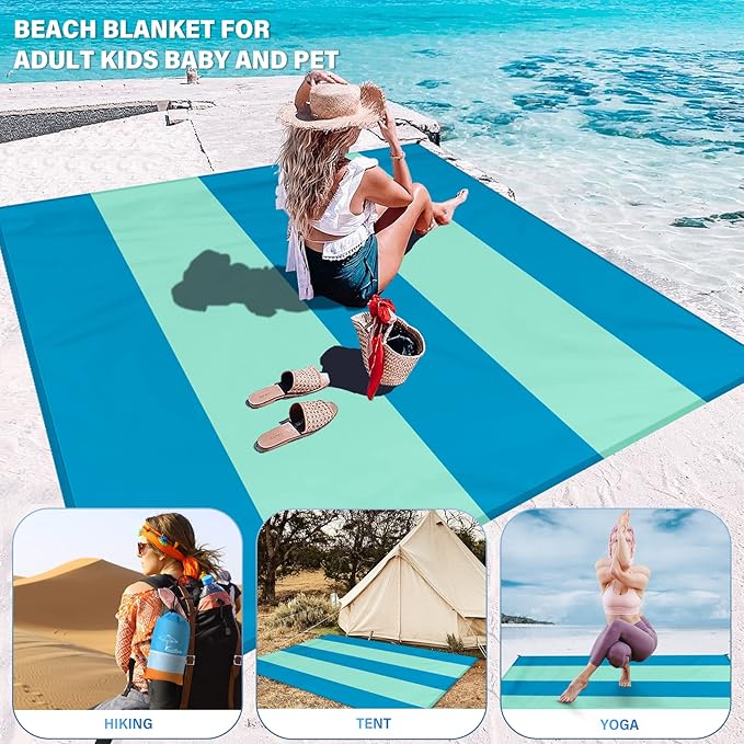 Famstar Beach Blanket Oversized Extra Large 10'X 9',Waterproof Sandproof Beach Blanket 2-8 Adults Lightweight Durable for Travel Camping Hiking Picnic (10'X 9', Green&White)