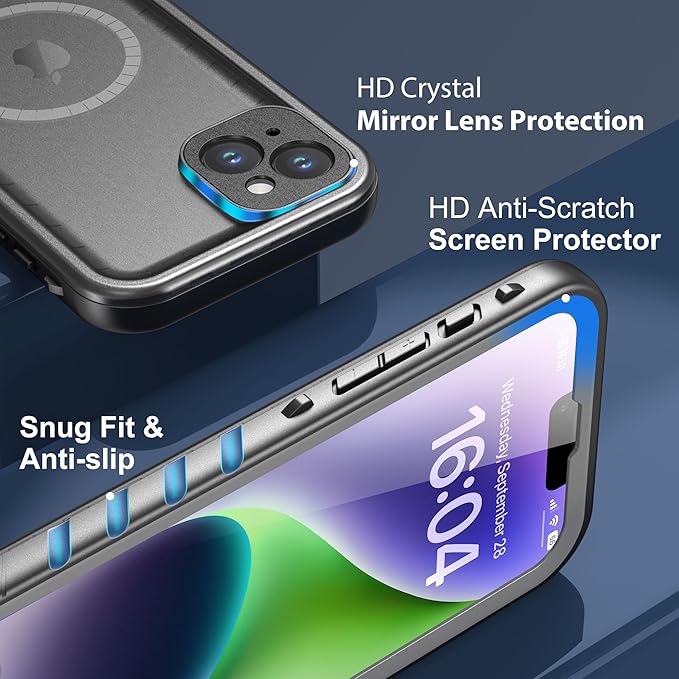SPORTLINK for iPhone 14 Plus Case Waterproof - Buit in Screen Protector [Compatible with MagSafe][IP68 Underwater][6.6FT Military Dropproof][Dustproof] Full Body Shockproof Phone Case 6.7" Black