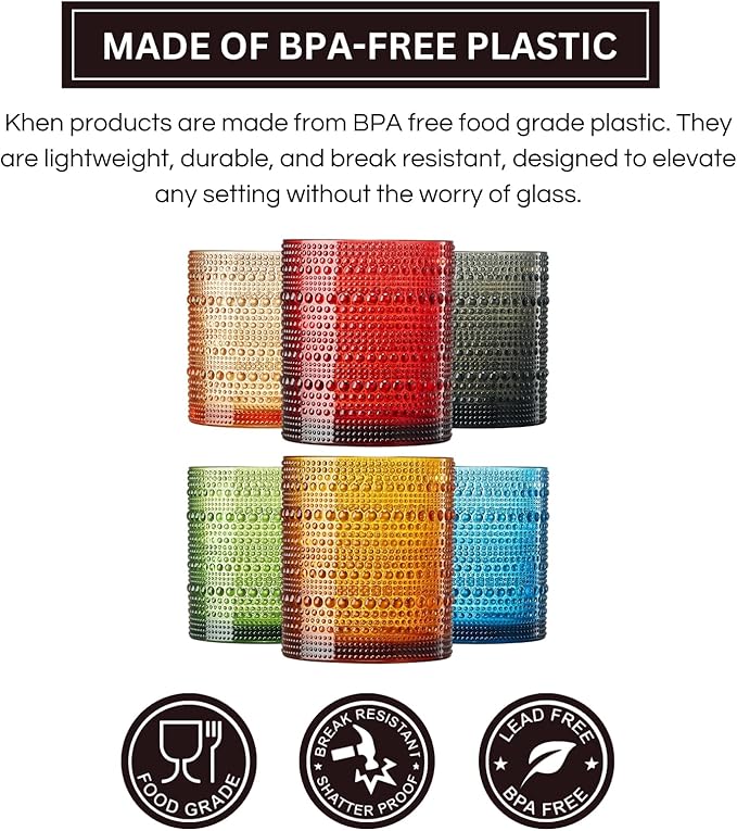 Khen Plastic Hobnail Drinking Glasses Set of 6 Neutral Tones Cups 10oz, Shatterproof & Unbreakable Acrylic Beaded Design, BPA-Free, Dishwasher Safe Indoor/Outdoor Drinkware for Water, Juice, Cocktails