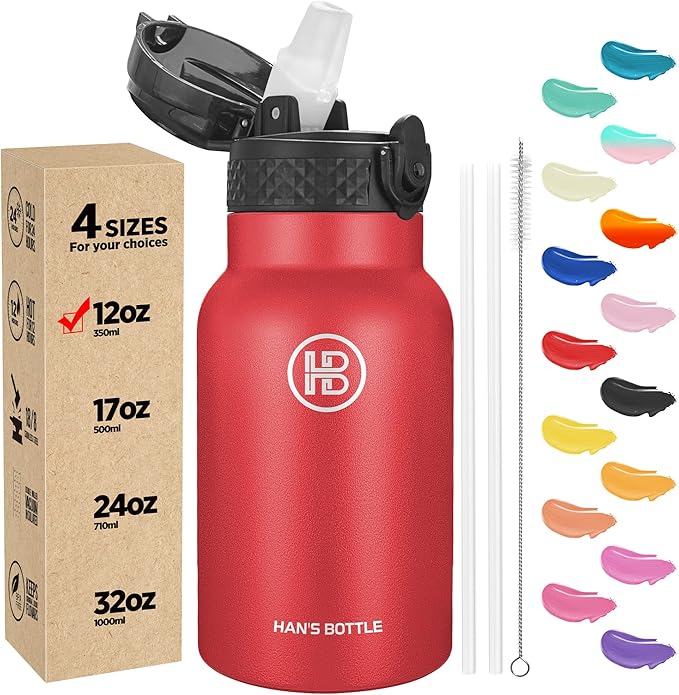 Han's Bottle Kids Water Bottle with Straw Lid - Insulated Stainless Steel Reusable Tumbler for Girls,Boys,Thermo Mug,12oz,Red