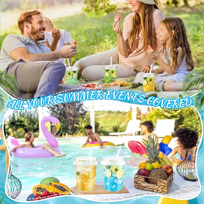 30 Sets 34 oz Drink Buckets with Lids and Straws, Disposable Clear Plastic Party Cups with Handles for Rum, Iced Coffee, Smoothies, Milkshakes, Sturdy Beverage Tubs for Pool Beach and Outdoor Parties