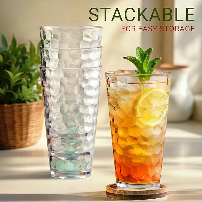 Bravario Hammered Plastic Drinking High Tumbler, Dishwasher-Safe Premium Quality Glasses, BPA-Free Reusable Outdoor Cups, 22 oz Set of 10