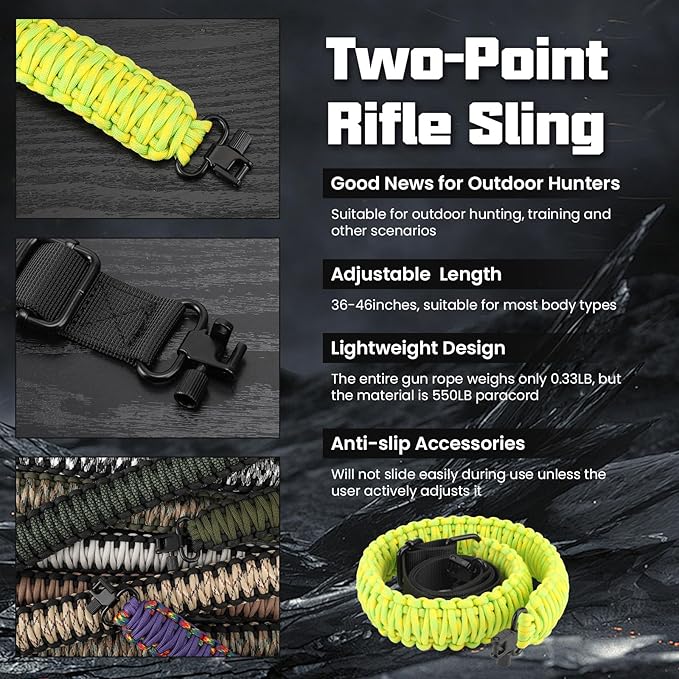 Double Braide 550LB Shotgun Sling 2 Point Paracord Rifle Sling,Non-Slip Traditional Adjustable Gun Sling for Hunting Shooting Camping