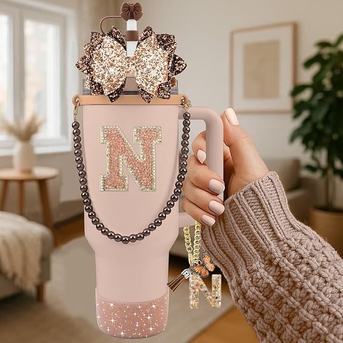 9PCS Brown for Stanley Cup Accessories Set Bling Initials Bow Charms for Stanley Decorations 30/40 Oz Tumbler Accessories Including Bow Straw Topper, Handle Strap, Spill Stopper（Letter N）