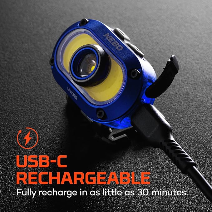 NEBO MYCRO 550+ Rechargeable Headlamp | 550 Lumens, 7 Light Modes, Water Resistant, Detachable Hat Clip, Super Bright Head Lamp for Camping & Hiking, Includes USB Charging Cable – Blue