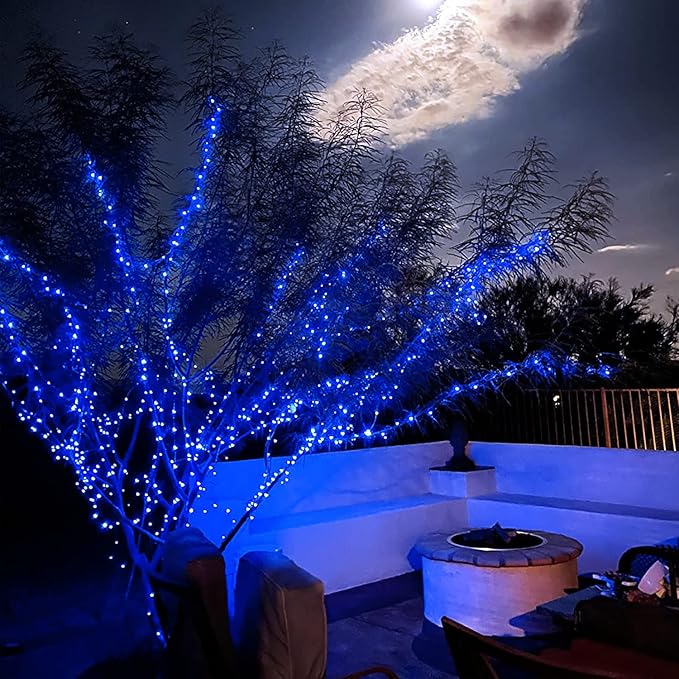 JMEXSUSS 4 Pack 100 LED Solar Fairy Lights, 33ft Blue Solar String Lights Outdoor Waterproof, 8 Modes Copper Wire Solar Twinkle Lights for Patio Garden Yard Tree Christmas Halloween Decor