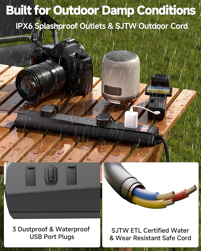 Outdoor Power Strip Weatherproof IPX6,1625W/13A 10 Ft Extension Cord with Multiple Outlets,7 AC & 3 USB, Wall Mount for Camping,Poolside,Garden,Workshop