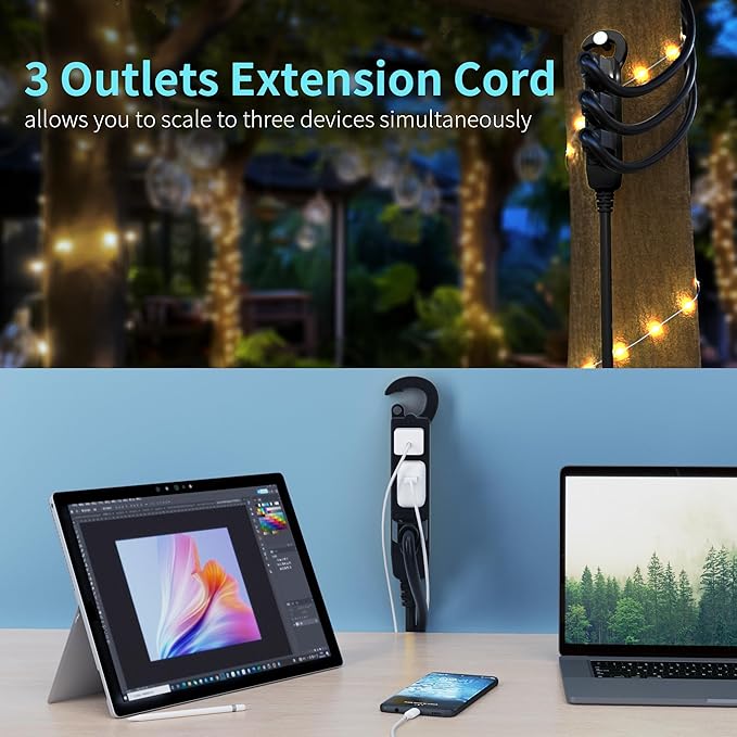 Energeaster 16/3 15 Ft 3 Outlet Extension Cord Outdoor Waterproof, Black Extension Cords with Multiple Outlets, 3 Prong with Multi Outlet Outside 13A 1625W 16AWG, ETL Listed