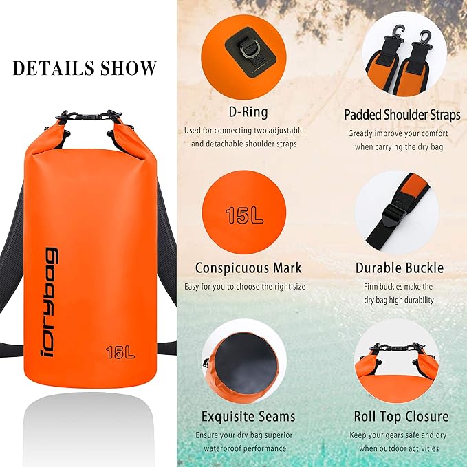 IDRYBAG Dry Bag for Kayaking Waterproof 2L/5L/10L/15L/20L, Small Dry Sack Waterproof Bag for Boating