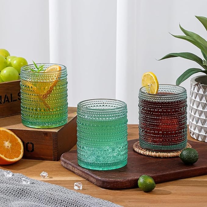 HomeVogue 12oz Colored Hobnail Drinking Glasses Set of 6, Vintage Glassware Old Fashioned Beverage Glasses, Cocktail Glass Set, Kitchen Water Glasses Cup, for Beer, Smoothie, Juice