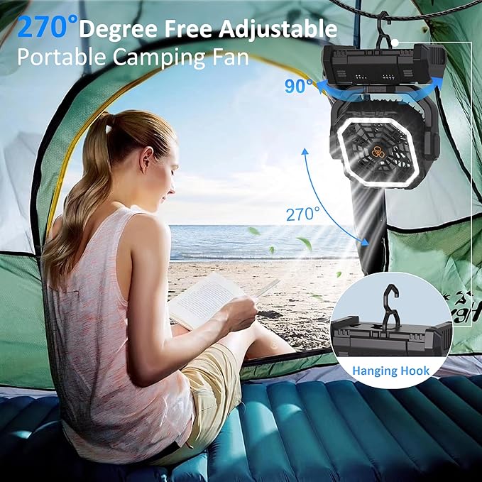Portable Fan Rechargeable, 20000mAh Cordless Battery Powered Camping Fan with LED Light & Remote, 4 Speeds Wind, Timer, USB C, Hanging Hook, Oscillating Fans for Travel Tent, Camping Essentials