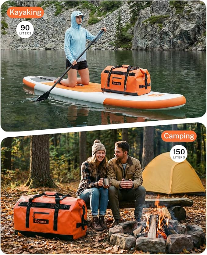 Gonex Waterproof Duffel Bag, 150L Heavy Duty Dry Duffle Bag with Reinforced Thickened Bottom, 3-in-1 Convertible Large Travel Backpack for Kayaking, Motorcycle, Camping & Boating, Orange