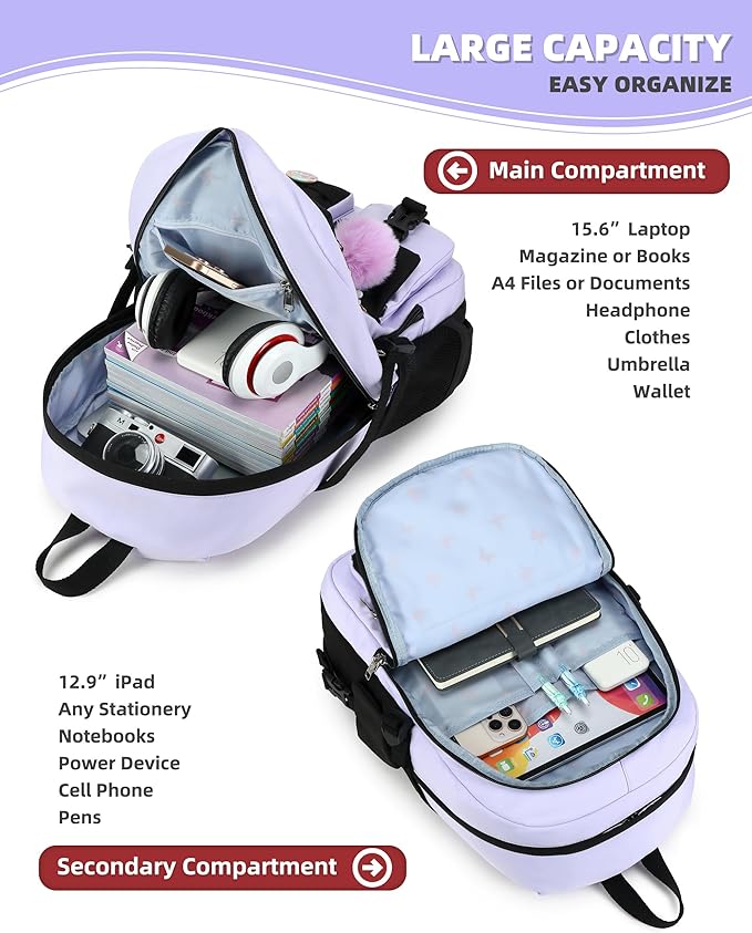Hidds Laptop Backpacks 15.6 Inch School Bag Elementary Middle High College Backpack Cute Bookbags Anti Theft Travel Back Pack Casual Daypack Kids Book Bag for Teens Girls Women Students-Purple Black