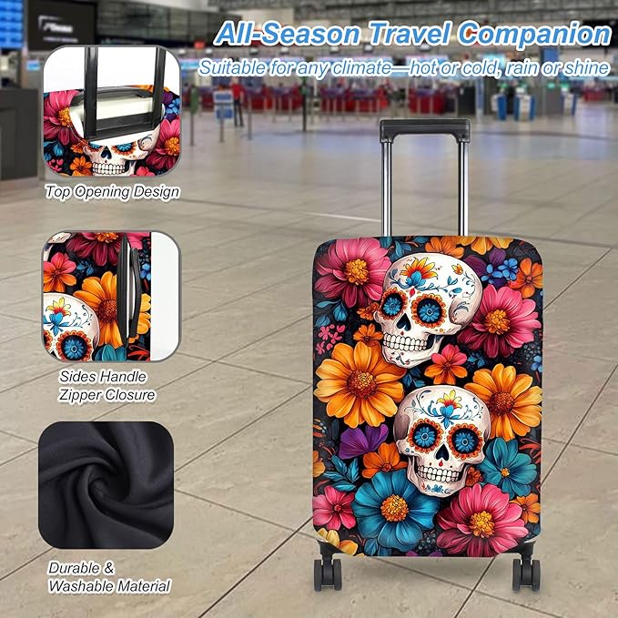 Luggage Cover Protector for 30-32 Inch Suitcases, TSA Approved Elastic Travel Suitcase Covers, Anti-Scratch Washable Luggage Sleeve for Carry On & Checked Bags, Sugar Skulls