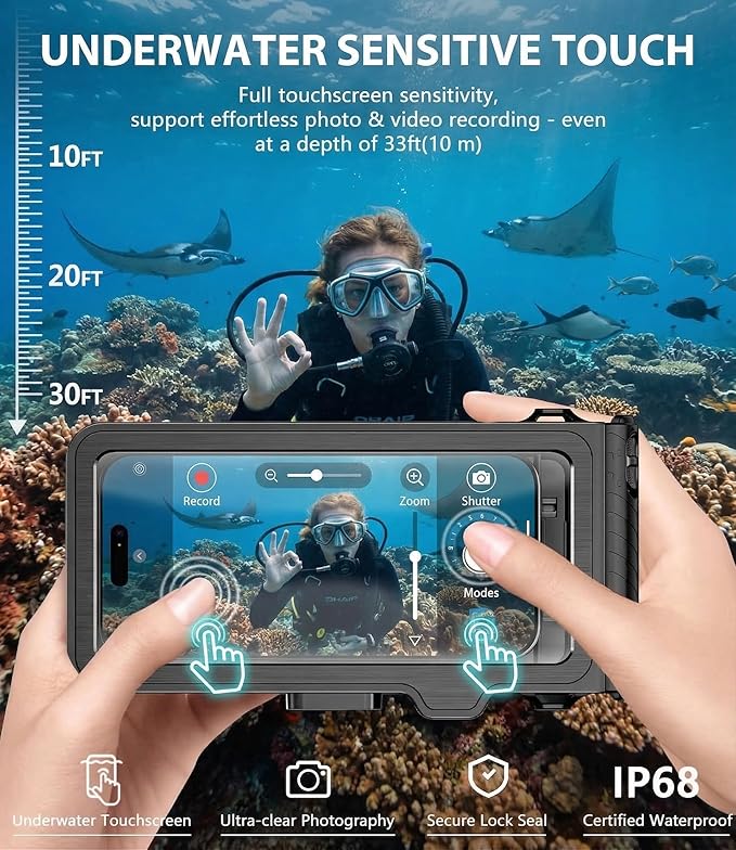 Diving Phone Case for iPhone 17 16 15 14 13 Pro Max Galaxy S25 S24 S23 Ultra, 50ft/15m Professional Waterproof Underwater Case with Real Touchscreen, Universal Camera Housing for Snorkeling (Black)