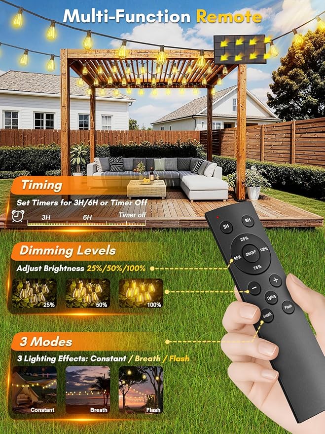 30FT Solar String Lights Outdoor Waterproof, 10+1 LED Solar Powered Lights with Remote Control, 3 Light Modes & Dimmable, USB-C Charging for Patio, Backyard, Garden, Camping