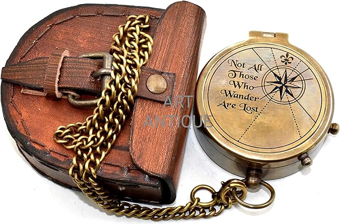 Vintage Brass Compass with Leather Case – Engraved “Not All Those Who Wander are Lost” – Antique Pocket Navigation Compass Gift for Travel Lovers, Hiking, Graduation, Birthday, Christmas