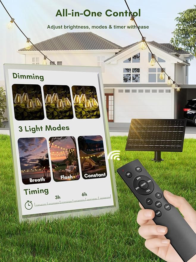 200FT Solar String Lights Outdoor Waterproof, 72+2 LED Solar Powered Lights with Remote Control, 3 Light Modes & Dimmable, USB-C Charging for Patio, Backyard, Garden, Camping