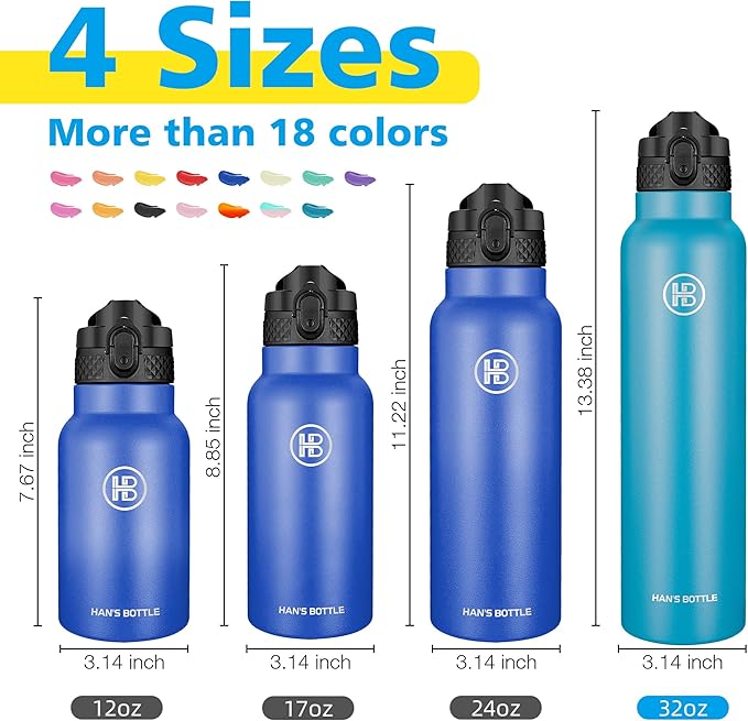 Han's Bottle Sports Water Bottle - 32 Oz, Straw Lid, Leak Proof, Vacuum Insulated Stainless Steel, Double Walled, Thermo Mug,Ocean
