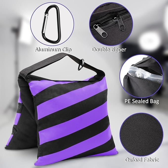 4 Packs Purple Sandbag Weight Bags for Light Stand Photography Video Equipment, Heavy Duty Saddlebags for Backdrop Stand, Photo Tripod, Canopy, Pop up Tent, Umbrella Base, Fishing Chair, Picnic Table