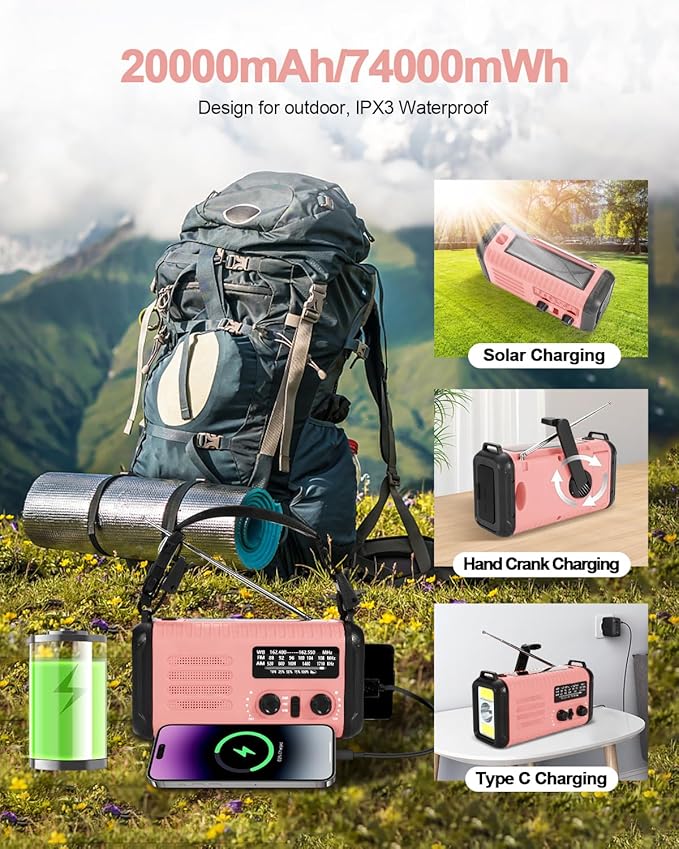 Emergency Crank Radio, 20000mAh / 74000mWh Solar Hand Crank Weather Radio with NOAA/AM/FM, Battery Powered Radio with Cell Phone Charger, Reading Lamp, Flashlight & SOS for Emergencies/Home (Pink)