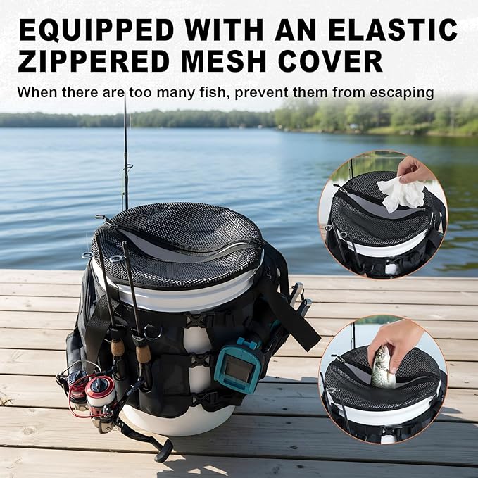 Goture Fishing Bucket Organizer for 5 Gallon Bucket, Heavy-Duty Waterproof Tackle Bag with 15+ Pockets, Ice Auger Holster & Secure Lock Straps for Ice Fishing Gear (Black, No Bucket)