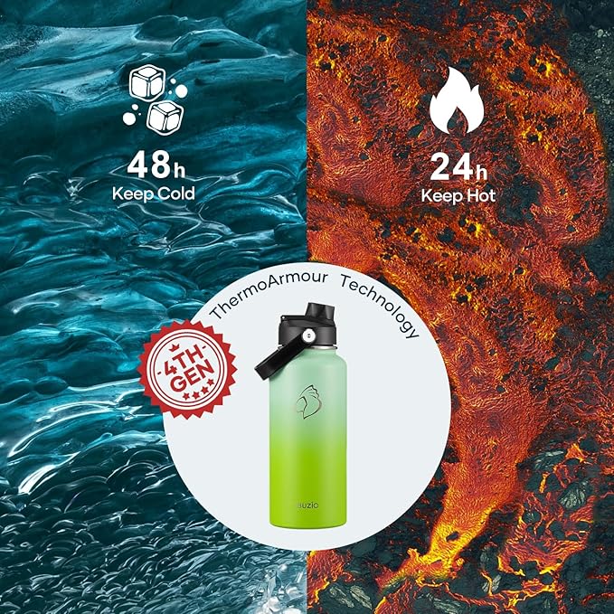 BUZIO 32oz Insulated Water Bottle, Triple Wall Vacuum Stainless Steel Water Flask with Straw Lid, BPA-Free Leakproof Sports Canteen for Sports Hiking, Cold 48H & Hot 24H- Gradient Green
