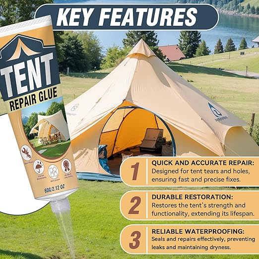 Tent Repair Glue Seam Sealer, Waterproof Flexible Tent Repair Kit, Tent Seam Sealer for Tents, Jackets, Sleeping Pads, Awning and Outdoor Fabric, Repairs Tears in Nylon, Canvas, and Vinyl