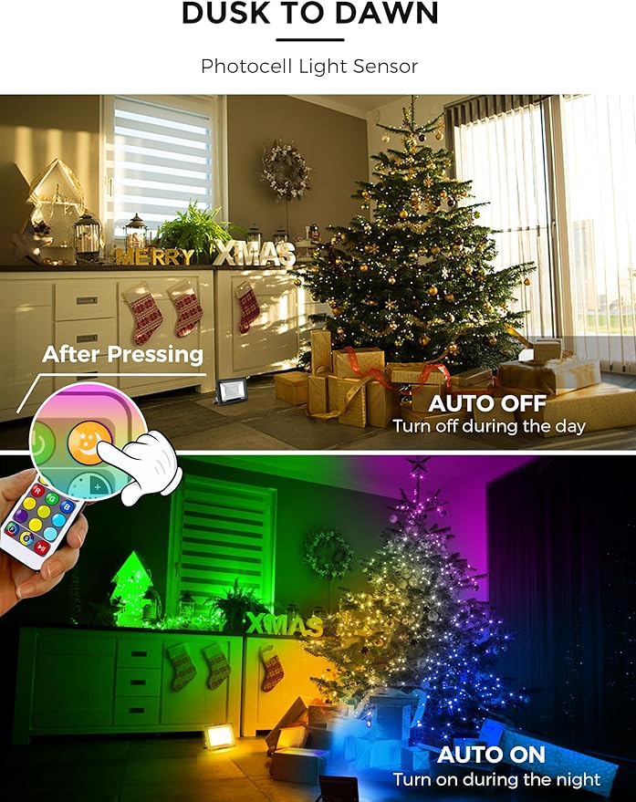 L LOHAS LED RGB LED Flood Light Outdoor, 25W DIY Color Changing Party Lights with Remote, Auto ON/OFF Yard Light, IP66 Waterproof Landscape Floor Strobe Light, 9.84FT cord Uplights for Christmas 2Pack