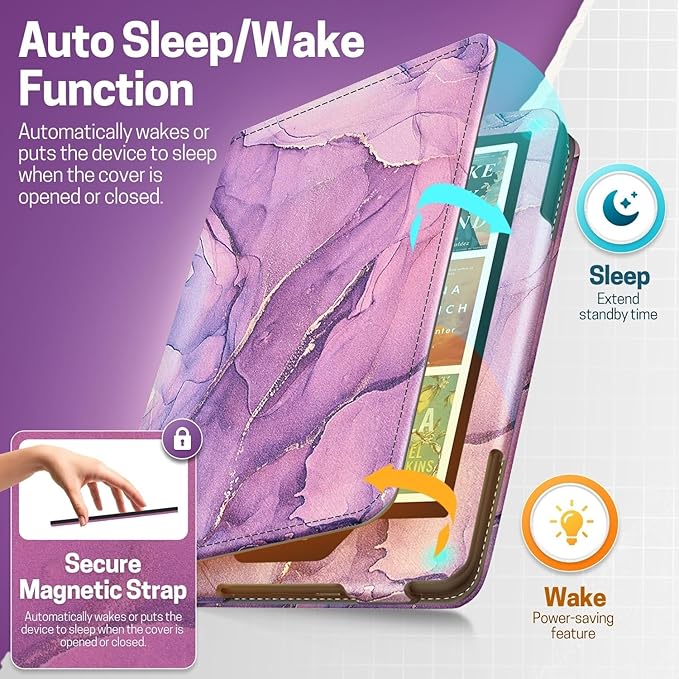TNP Stand Case with Strap for Kindle Paperwhite 12th Gen 2024 / Kindle Colorsoft Signature Edition - 7" PU Leather Protective Folio Cover with Auto Wake/Sleep & Card Slot, Marble Purple