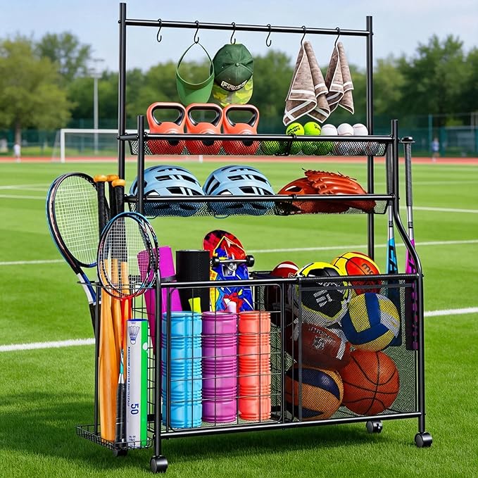 Large Sports Organizer for Garage, Ball Storage Rack Garage Sports Equipment Organizer with Side Racks, Baskets, Hooks, Multi-Purpose Golf Gear Storage for Gym Indoor Outdoor