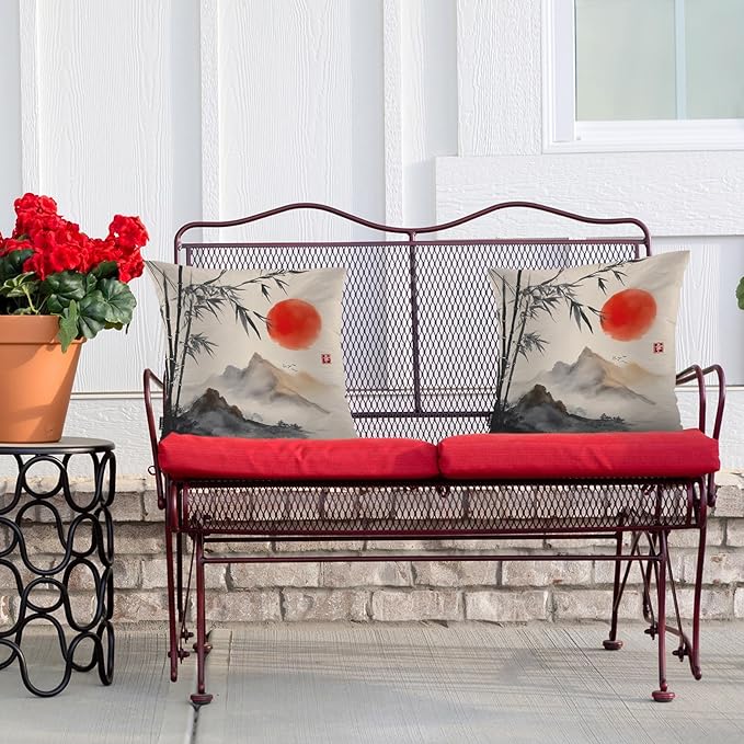 Swono Outdoor Pillow Covers Bamboo, Japanese Bamboo Trees Mountains Red Sun Painting Home Decorative Throw Pillow Case Cushion Cover for Men/Woman/Bed/Sofa/Office/Car, 18x18 Inch 2Pcs Pillow Covers