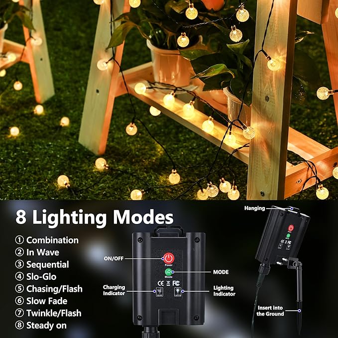 Joomer Solar Powered String Lights,39FT 60 LED Outdoor Solar String Lights Crystal Ball Lights 8 Modes Globe Lights for Garden, Gazebo, Porch, Lawn, Patio, Tree Decor (Warm White)