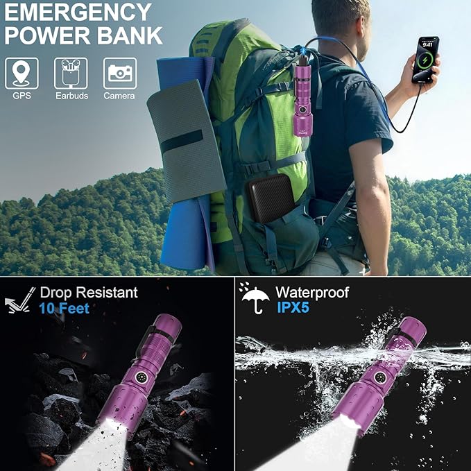 Banral Flashlights High Lumens Rechargeable, Super Bright Long Range Small Powerful Flashlight, 6 Modes LED Tactical Pocket Waterproof Flash Light for Home Emergency (2, Purple)