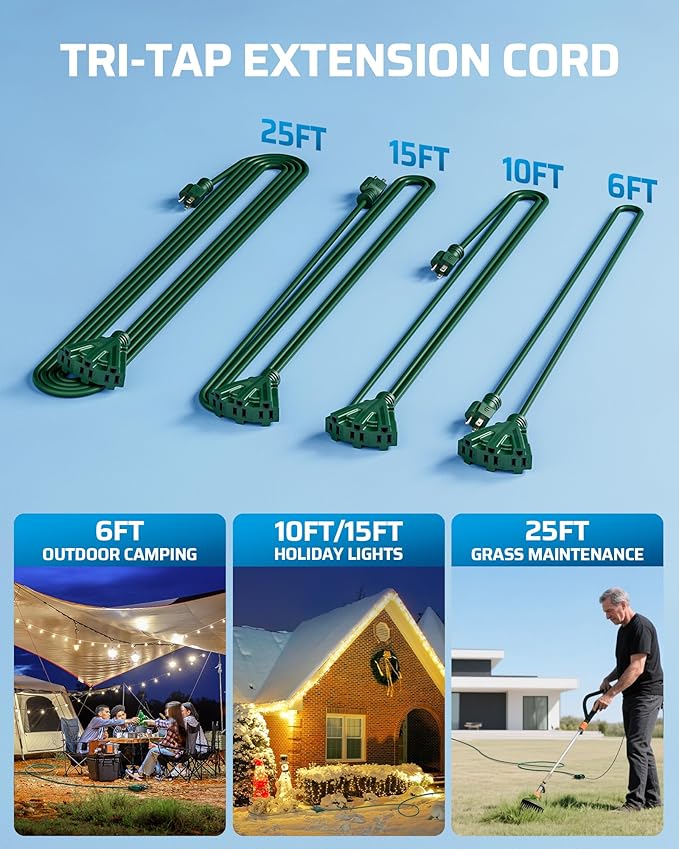 DEWENWILS 6FT Extension Cord, Green Extension Cord 13A/1625W, Weatherproof 16/3 SJTW Power Cable with Multiple Outlet, Decor Landscaping String Lights, ETL Listed, 2 Pack