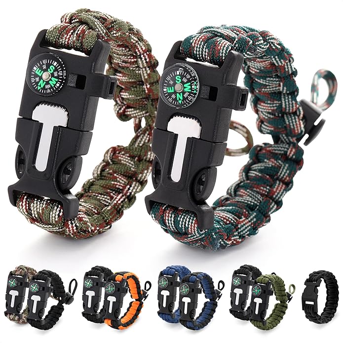 Paracord Bracelets for Men and Women – Adjustable Survival Paracord Bracelet with 10 ft Nylon Survival Cord, Flint Fire Starter, Compass, Whistle & Scraper – Gear for Camping, Hiking, Fishing & Travel