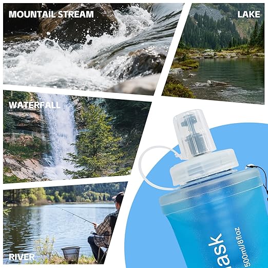 AXEN Collapsible Water Bottle with Filter System, Soft Hydration Flask for Trail Running, Camping, Hiking, Cycling, 500ml Blue