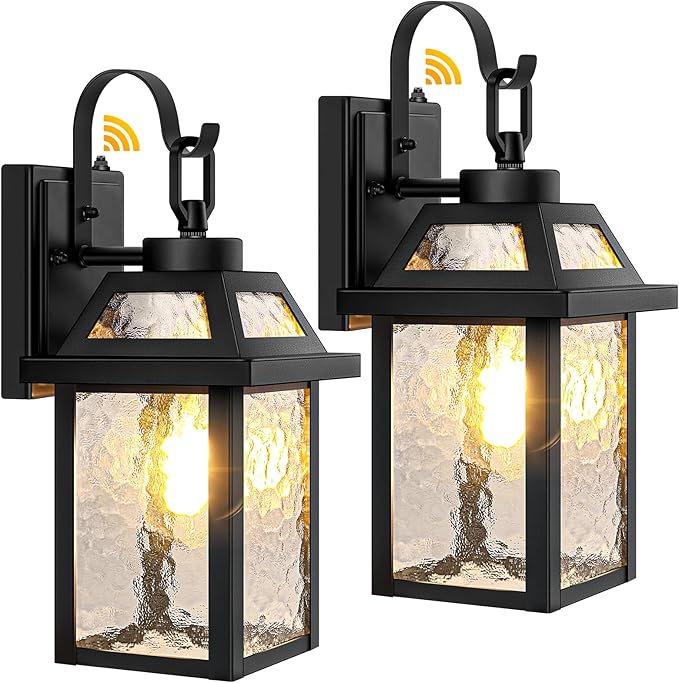 BesLowe Dusk to Dawn Outdoor Wall Lights, Exterior Lighting Fixtures Wall Mount, Porch Lights Outdoor Wall Sconces with Water Ripple Glass, Outside Lights for House Front Door Garage, 2-Pack