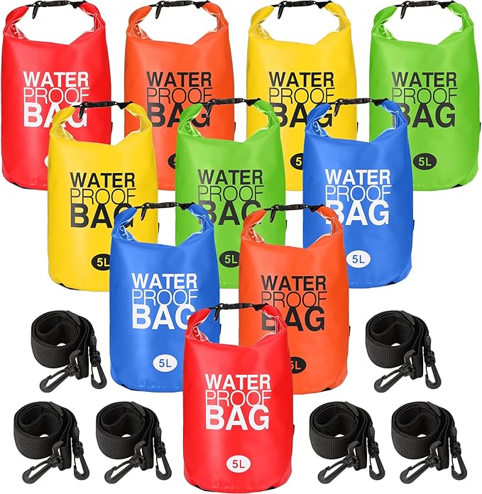 Jexine 10 Pack Dry Bag Waterproof, 5L Ultralight Dry Sacks Roll Top Storage Bag Backpack Camping Portable Outdoor Bags Keep Gear for Backpacking Kayaking Hiking Swimming Fishing Boating (Multicolor)