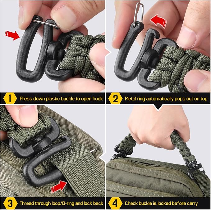 Tactical Paracord Handle，9-core Weaving Paracord Strap for Bag Strap Replacement，Molle Attachment with Metal/Plastic Clips for Backpack Sling Bags Water Bottle Holder