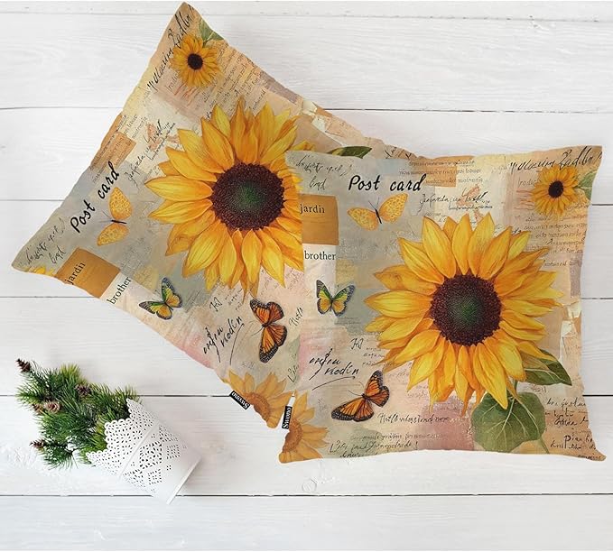 Swono Sunflower Set of 2 Decorative Throw Pillow Covers Cushion Case, Vintage Sunflowers Butterflies Farmhouse Pillowcase Cozy Pillow Cover for Couch Sofa Bed Garden Chair Car 18 X 18 Inch