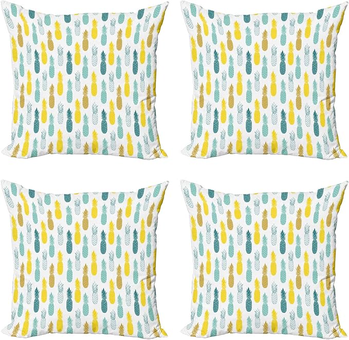 Ambesonne Pineapple Decorative Throw Pillow Case Pack of 4, Tropical Pattern of Exotic Fruit Silhouettes on a Plain Background, Cushion Cover for Couch Living Room Car, 20", White Multicolor