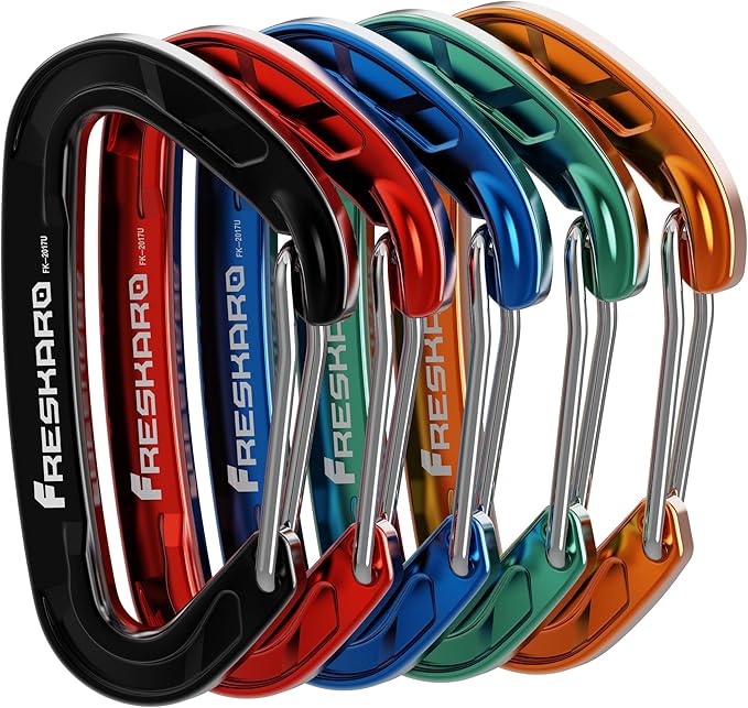 FresKaro 5pcs Nano Carabiner Clips, 8kN 1798lbs, Small Sturdy, Reliable Time-Tested Strong Spring Wiregate, Mini Size 2.37inch, Choice of 5colors