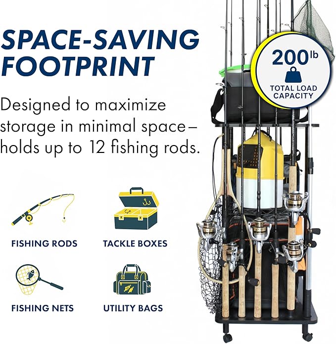 Rush Creek Creations Rod Holders for Garage Fishing Pole Rack Holds up to 12 Rods and Reel Combos - Mobile Garage or Shed Organizer car Fishing Gear Storage