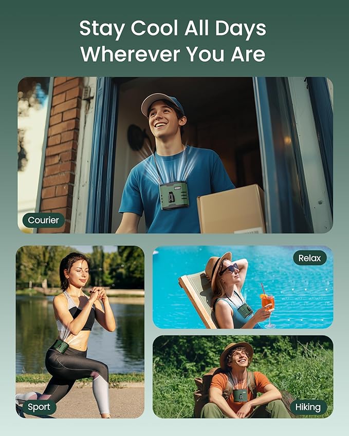10000mAh Portable Waist Rechargeable Fan,Clip on Belt Fan With 10 Speeds 16000PRM Strong Airflow,Hands-Free Hanging Neck Fan,Long-Lasting Cooling for Camping,Hiking,Outdoor,Jobsite,Green
