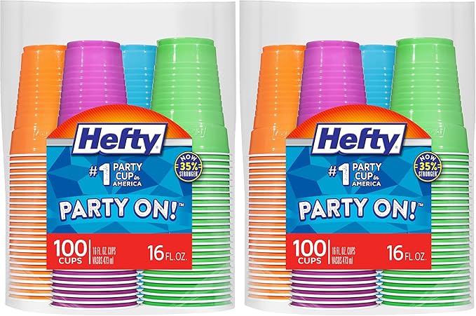 Hefty Plastic Cups, 16 Ounce, Disposable | 100 Count | Pack of 2 | Party | Assorted